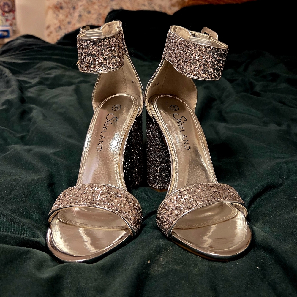 Silver Glitter Block Heels